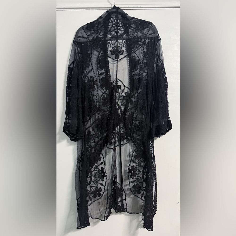 Sheer Black Lace Kimono Duster L Tie Waist Gothic Boho Layer - Picture 7 of 11